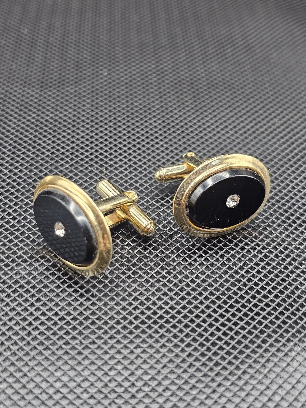 Vintage Gold Tone Black Oval Cufflinks with Clear Stone Accent